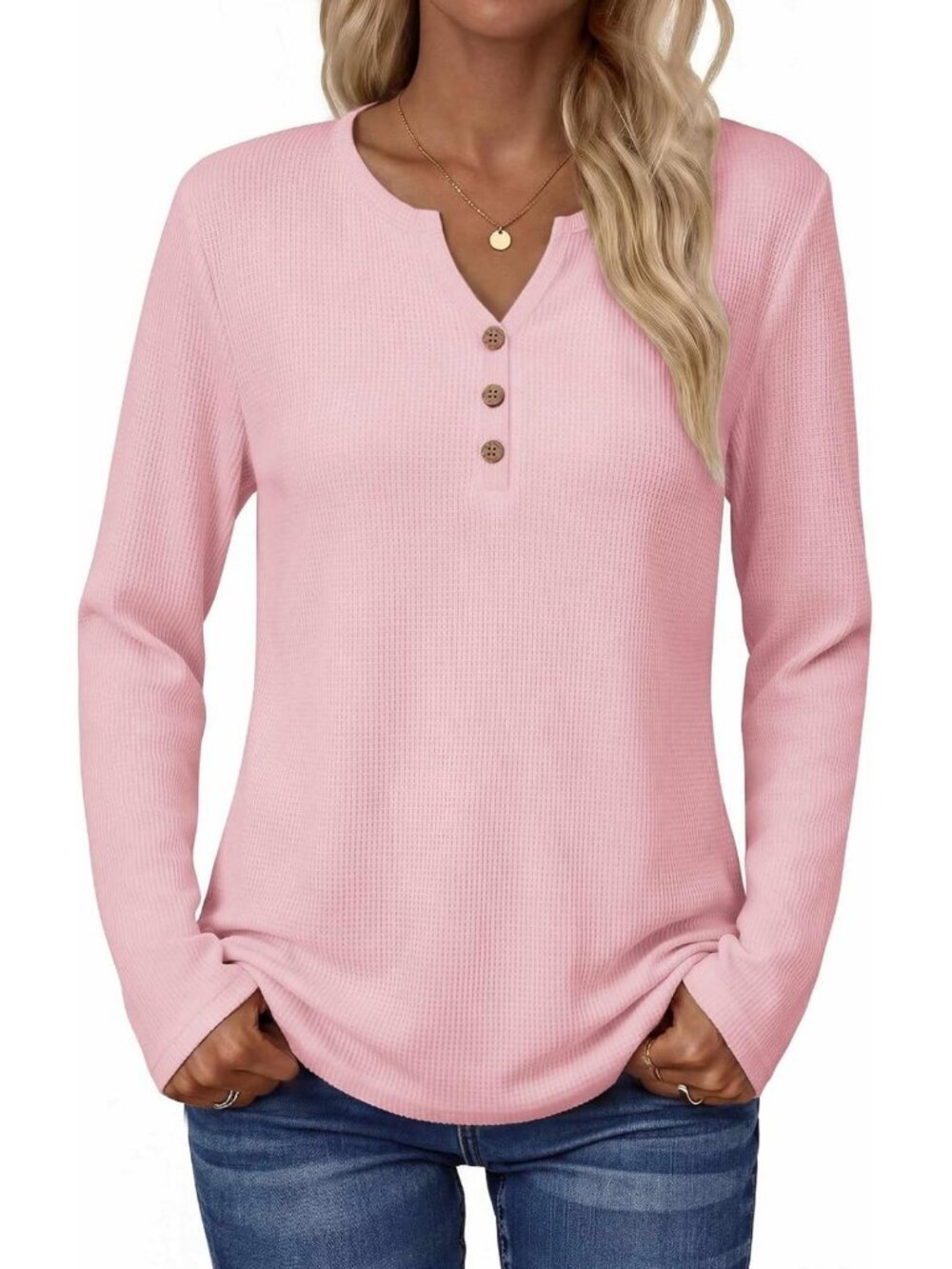 Cozy Women's Long Sleeve Waffle Knit Henley V-Neck Top - Fall Essential 2026